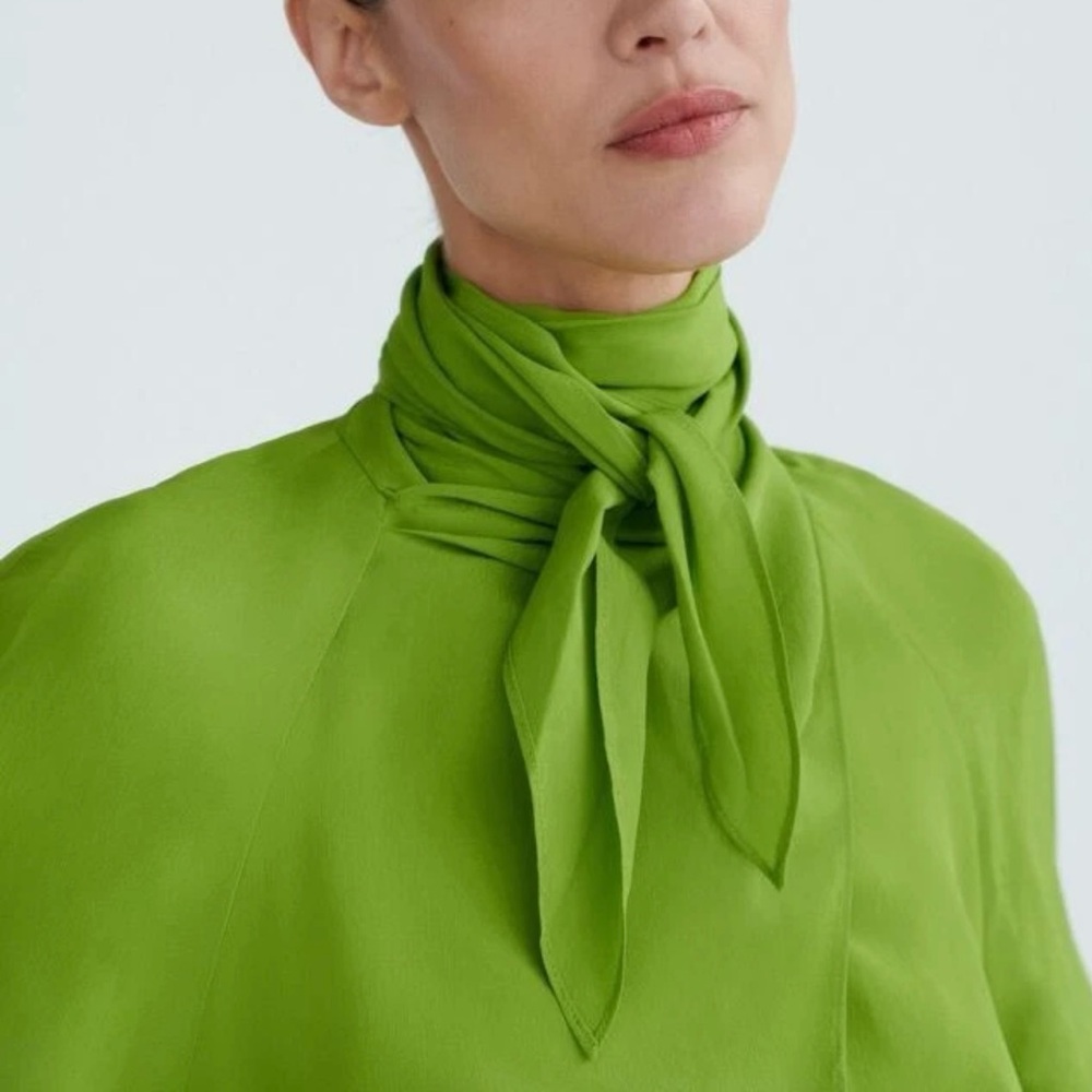Zara | Green Flowy Satin Drape Long Sleeve Blouse - Picture 5 of 16